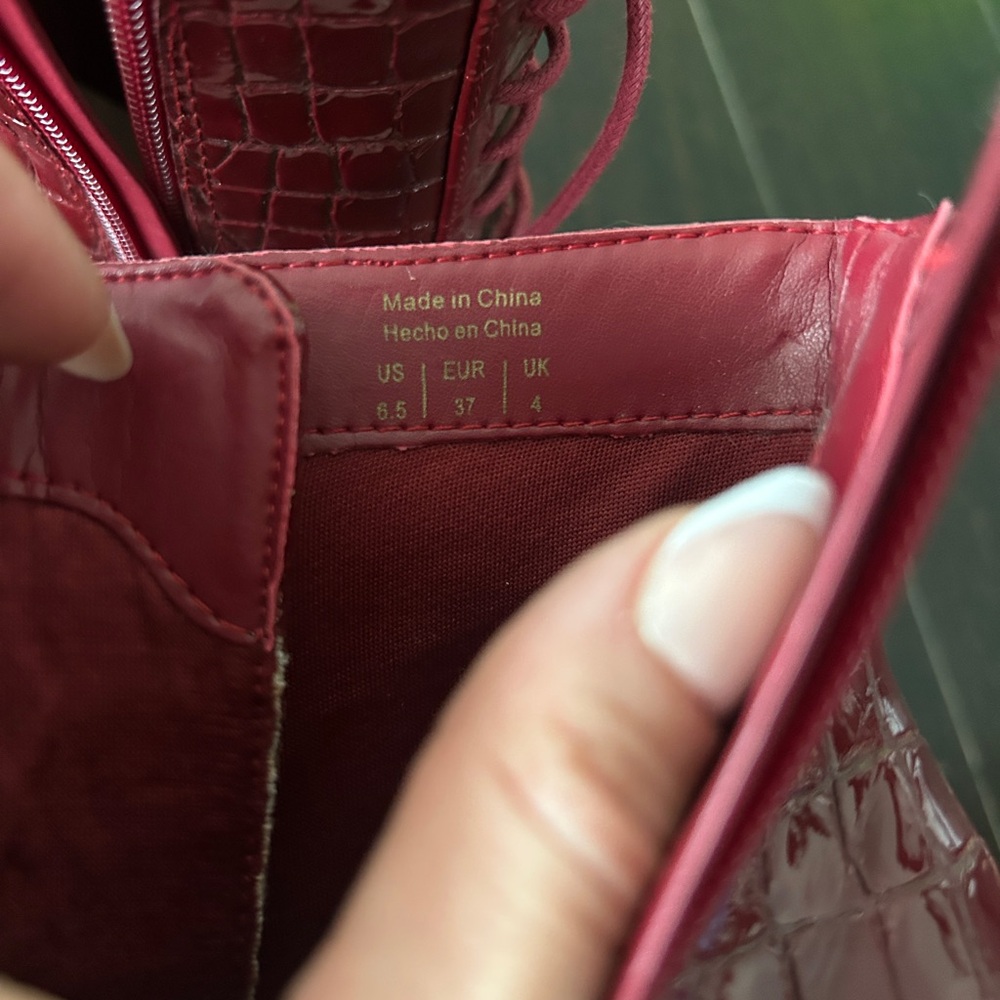 Burgundy Croc-Embossed Lace-Up Pointed Stiletto Booties - Picture 5 of 6